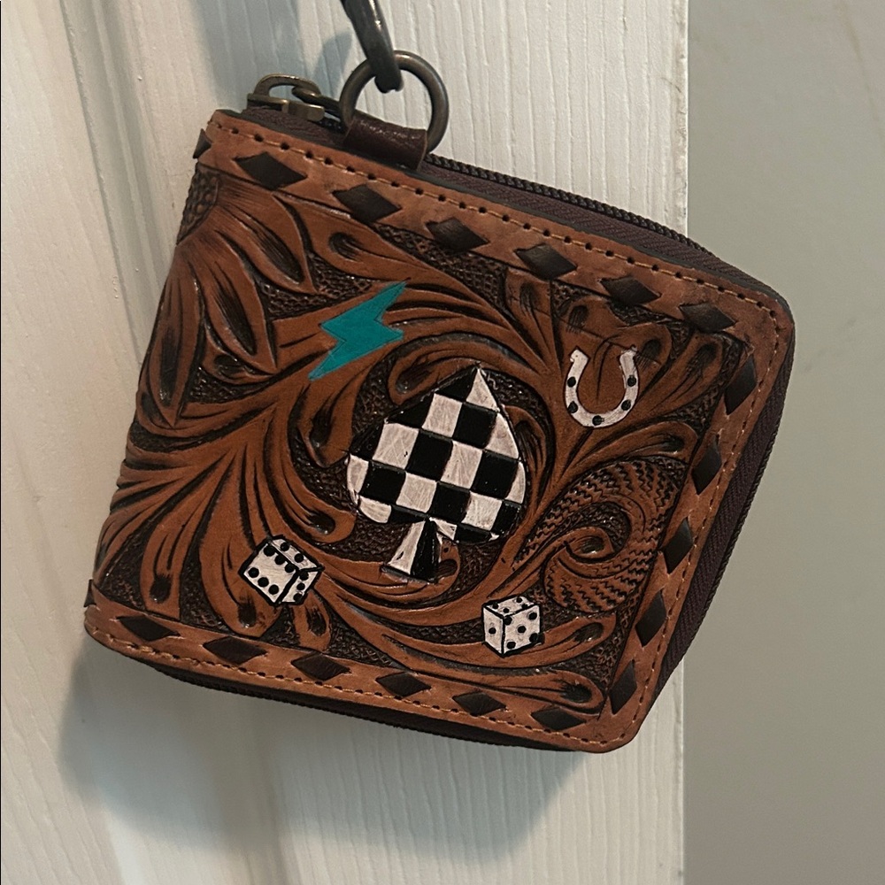 Leather Tooled Coin Wallet with Checker Spade & Dice